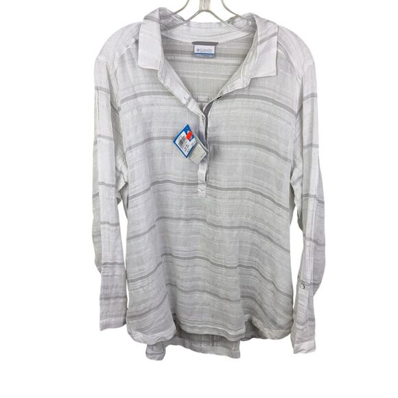 Columbia Early Tide Long Sleeve Button Up Blouse Gray Stripe Size XL NWT - Picture 1 of 5